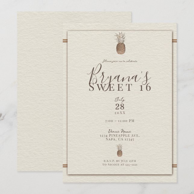 Vintage Pineapple Minimal Elegant Cream Sweet 16 Invitation (Front/Back)