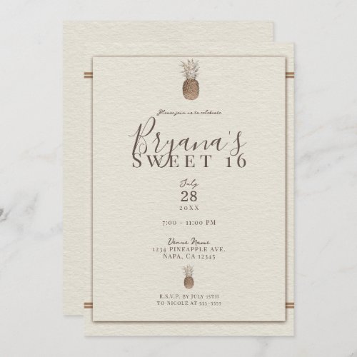 Vintage Pineapple Minimal Elegant Cream Sweet 16 Invitation