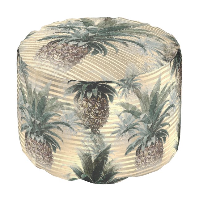 Vintage Pineapple on Gold Faux Foil Striped Pouf (Angled Back)