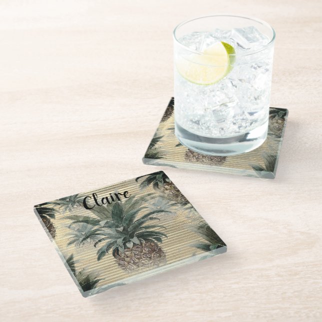 Vintage Pineapple on Gold Foil Striped   Glass Coaster (Angled)