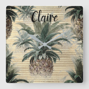 Vintage Pineapple on Gold Foil Striped   Square Wall Clock