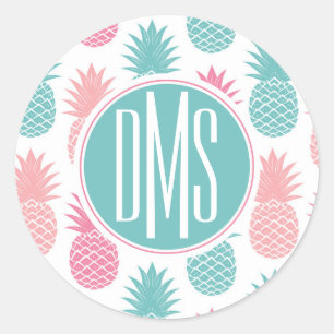 Vintage Pineapple Pattern Monogram Classic Round Sticker