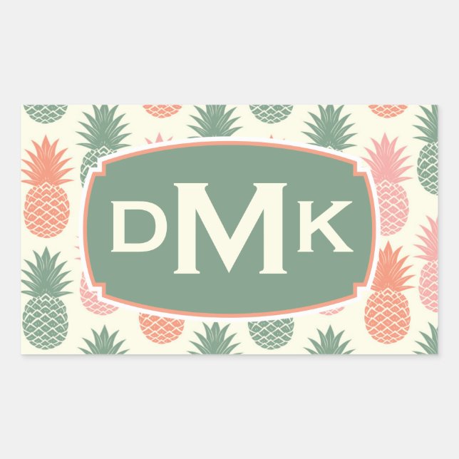 Vintage Pineapple Pattern | Monogram Rectangular Sticker (Front)