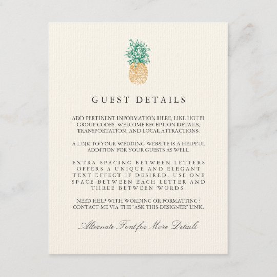 Vintage Pineapple Wedding Guest Information Enclosure Card | Zazzle.com