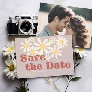 Vintage Pink 70s Daisy Photo Wedding Save the Date Invitation