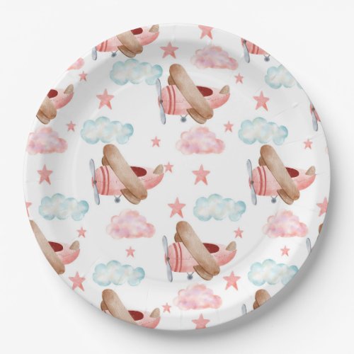 Vintage Pink Airplane Pilot Birthday Party Paper Plates