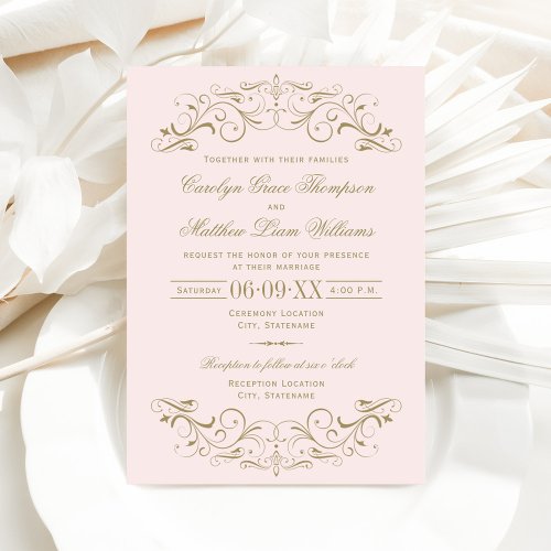 Vintage Pink and Antique Gold Flourish Wedding Invitation