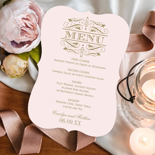 Vintage Pink and Antique Gold Flourish Wedding Menu