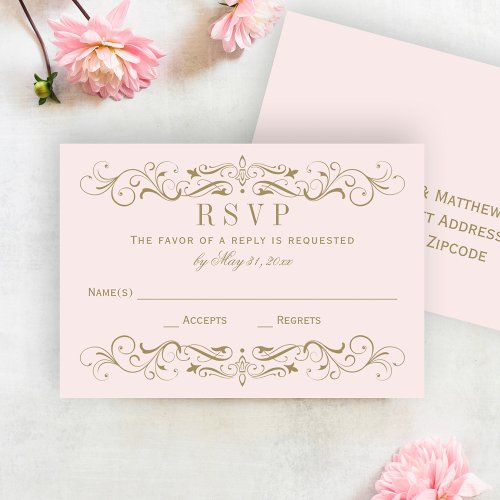 Vintage Pink and Antique Gold Flourish Wedding RSVP Card