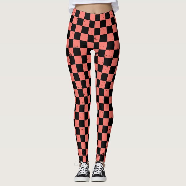 vintage pink and black Checkerboard Pattern Leggings (Front)