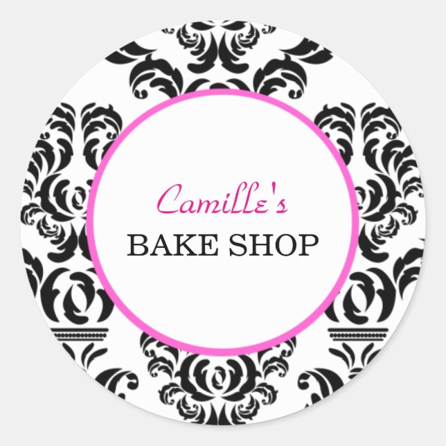 Vintage Pink and Black Damask Bakery Sticker Label (Front)