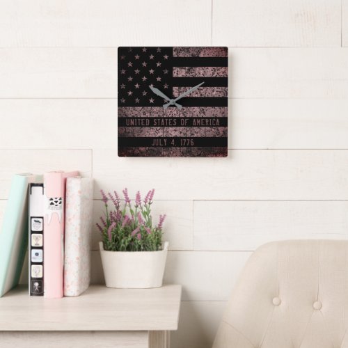 Vintage Pink and Black Grunge American Flag Square Wall Clock