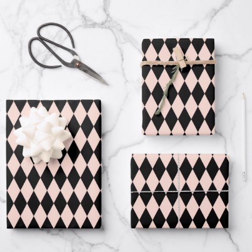 Vintage Pink and Black Harlequin Pattern  Wrapping Paper Sheets