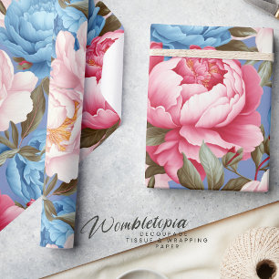 Vintage Pink and Blue Peony Spring Floral Wrapping Paper