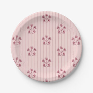 Vintage Pink and Burgundy Flower Stripes Paper Plates