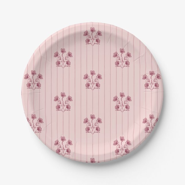 Vintage Pink and Burgundy Flower Stripes Paper Plates (Front)