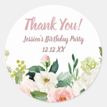 Vintage Pink And Gold Watercolor Floral Thank You Classic Round Sticker by MaggieMart at Zazzle