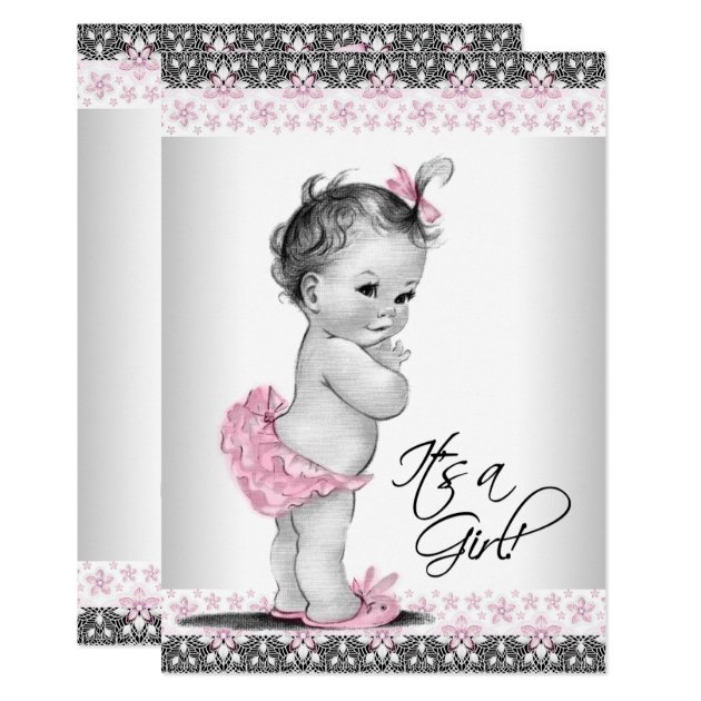Vintage Pink And Gray Baby Girl Shower Invitation