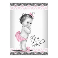 Vintage Pink and Gray Baby Girl Shower Card