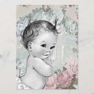 Vintage Pink and Gray Baby Girl Shower Invitation
