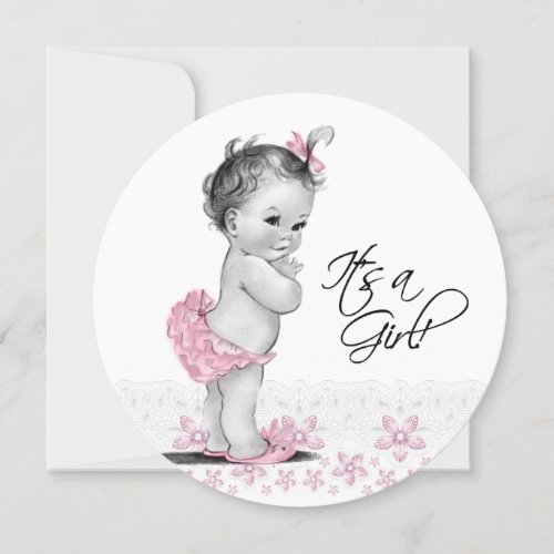 Vintage Pink and Gray Baby Girl Shower Invitation