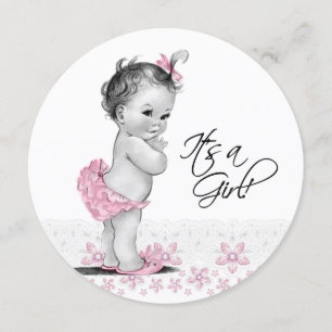 Vintage Pink and Gray Baby Girl Shower Invitation