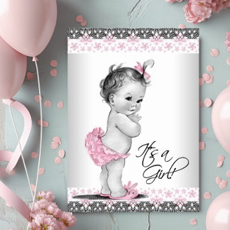 Vintage Pink and Gray Baby Girl Shower Invitation