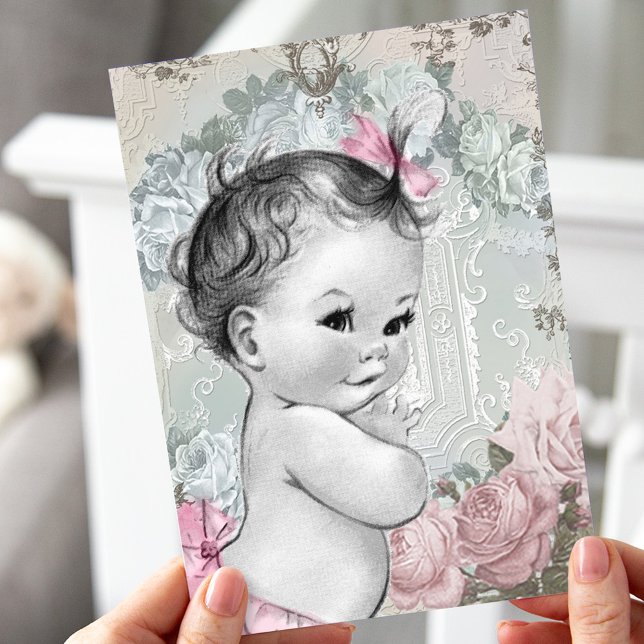 Vintage Pink and Gray Baby Girl Shower Invitation (Creator Uploaded)
