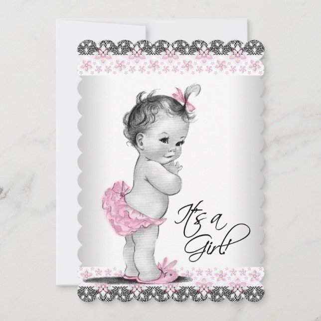 Vintage Pink and Gray Baby Girl Shower Invitation (Front)