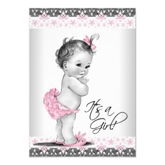 Vintage Pink and Gray Baby Girl Shower Invitation