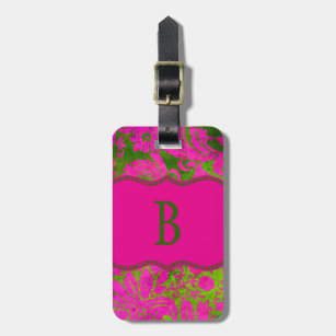 Vintage Pink and Green Damask Luggage Tag