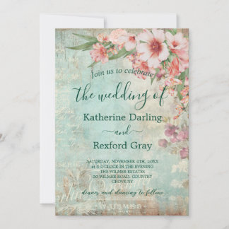 Vintage Pink and Green Photo  QR Code Wedding Invitation