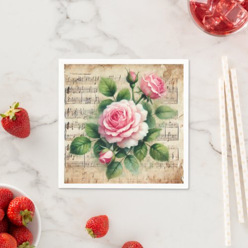 Vintage Pink and Green Watercolour Roses Découpage Napkins