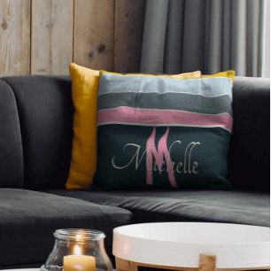 vintage pink and navy blue Stripes monogrammed Throw Pillow