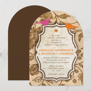 Vintage Pink and Ornage Love Bird Pattern Wedding Invitation
