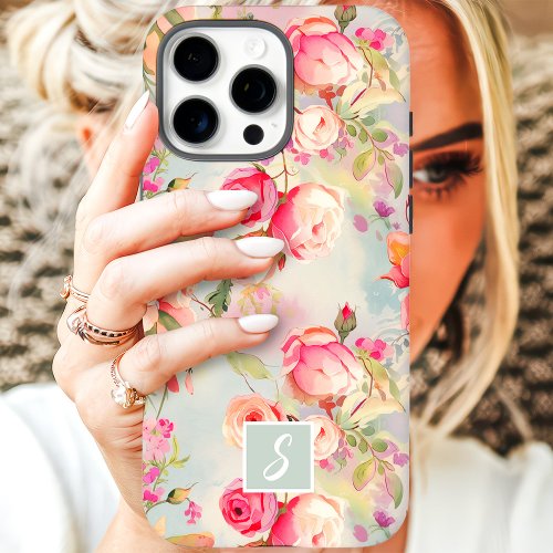 Custom Phone Cases 18 Vintage Pink And Peach Floral Monogram Iphone 16 Pro Max Case