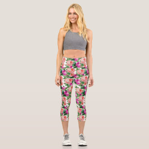 Vintage Pink And Purple Floral Rose Pattern Capri Leggings