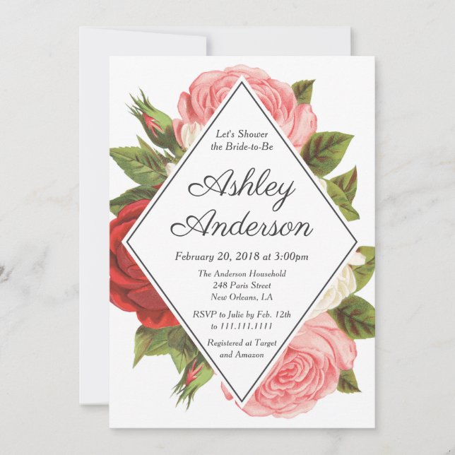 Vintage Pink and Red Rose Bridal Shower Invitation (Front)