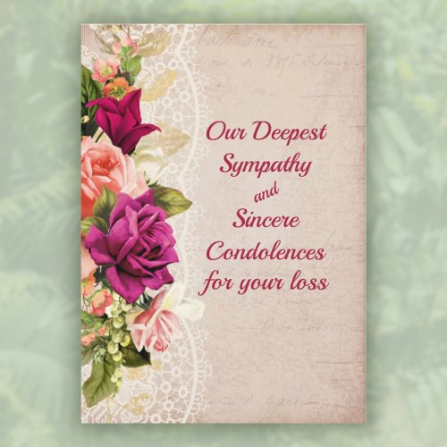 Vintage Pink and Red Roses with Lace Sympathy Card
