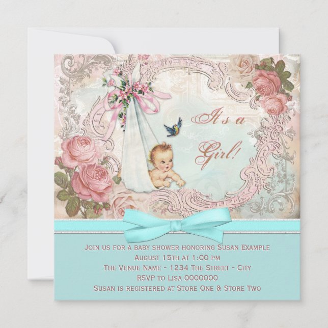Vintage Pink and Teal Blue Baby Shower Invitation (Front)