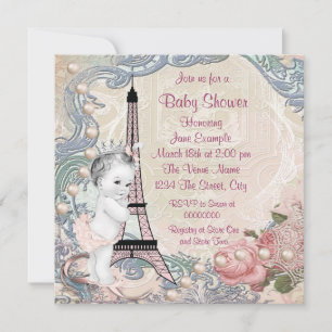 Vintage Pink and Teal Blue Paris Baby Shower Invitation