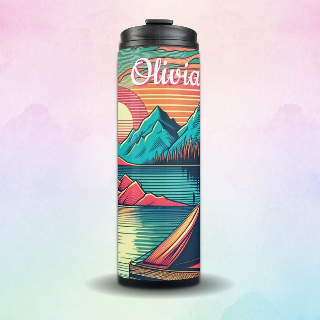 Vintage Pink and Teal Camping Personalized Thermal Tumbler (Creator Uploaded)