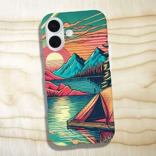 Vintage Pink and Teal Camping Themed iPhone 16 Case