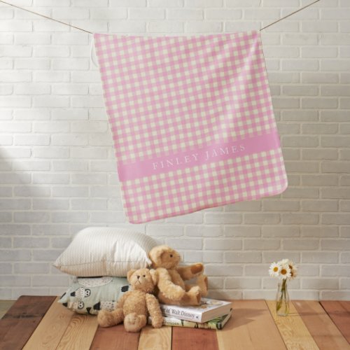 Vintage Pink and White Gingham Plaid Personalized  Baby Blanket