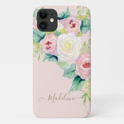 Vintage Pink and White Rose Floral Watercolor iPhone 11 Case