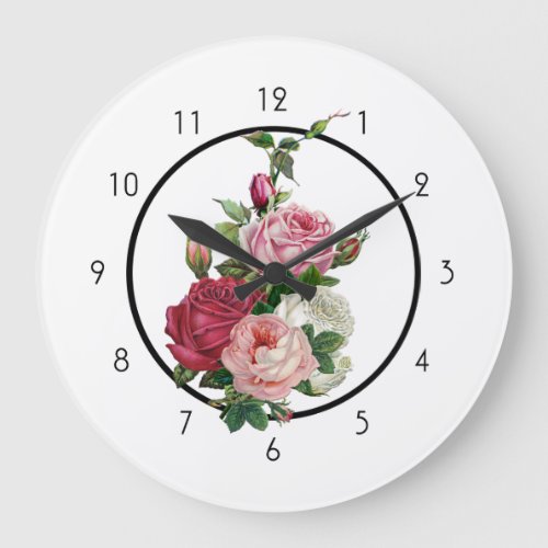 Vintage Pink and White Roses Large Clock