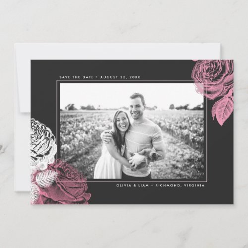 Vintage Pink and White Roses on Black Save The Date