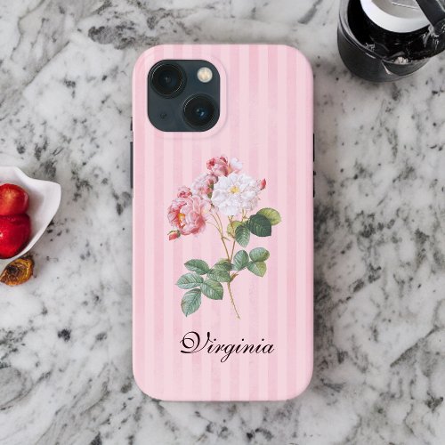 Vintage Pink and White Roses on Pink Stripes iPhone 13 Mini Case