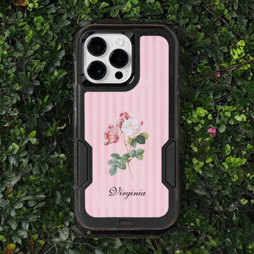 Vintage Pink and White Roses on Pink Stripes OtterBox iPhone 14 Pro Max Case