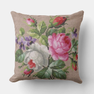 Vintage Pink and WhiteFloral Cross Stitch Throw Pillow